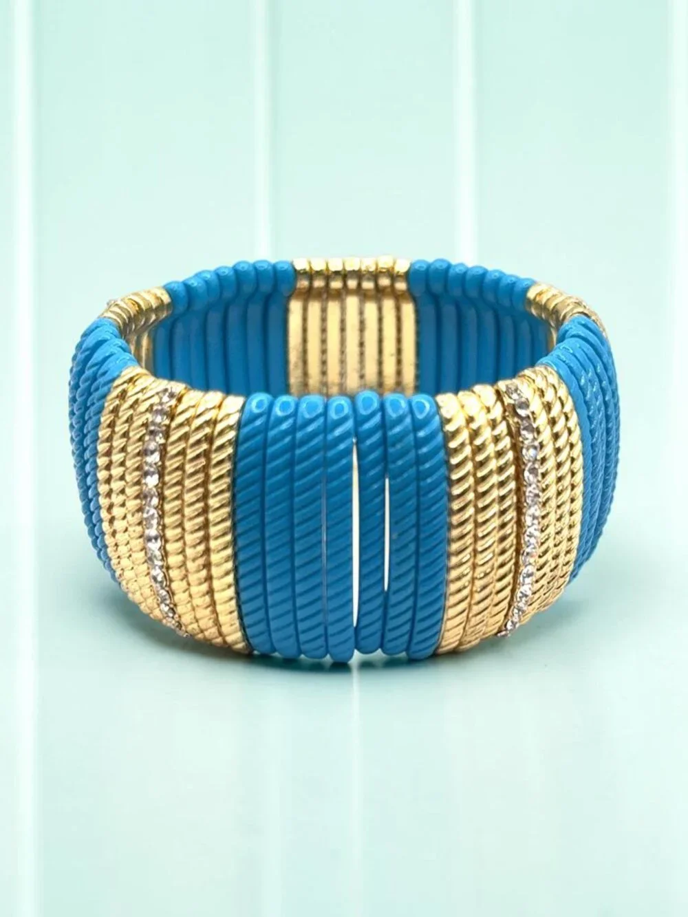 Turquoise and Gold Stretch Bracelet with Rhinestone Accents